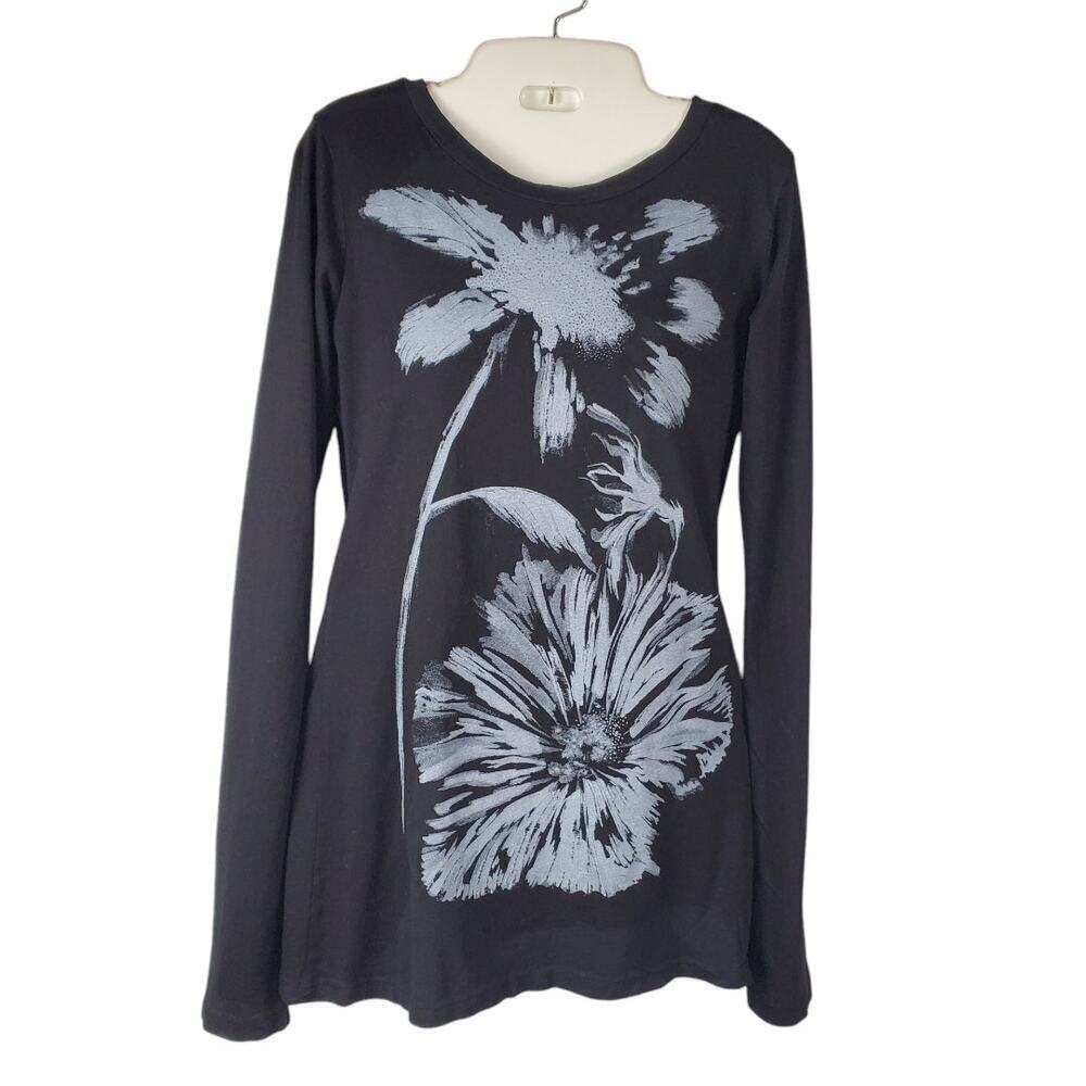 Cache Black Floral Long Sleeve Stretch Top Size Medium Elegant Casual Blouse